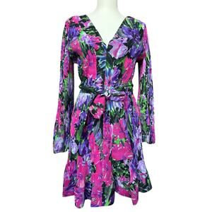 Milly Liv Belted Pleated Floral Motif Flare Hem Size 8 Wedding Guest Dress